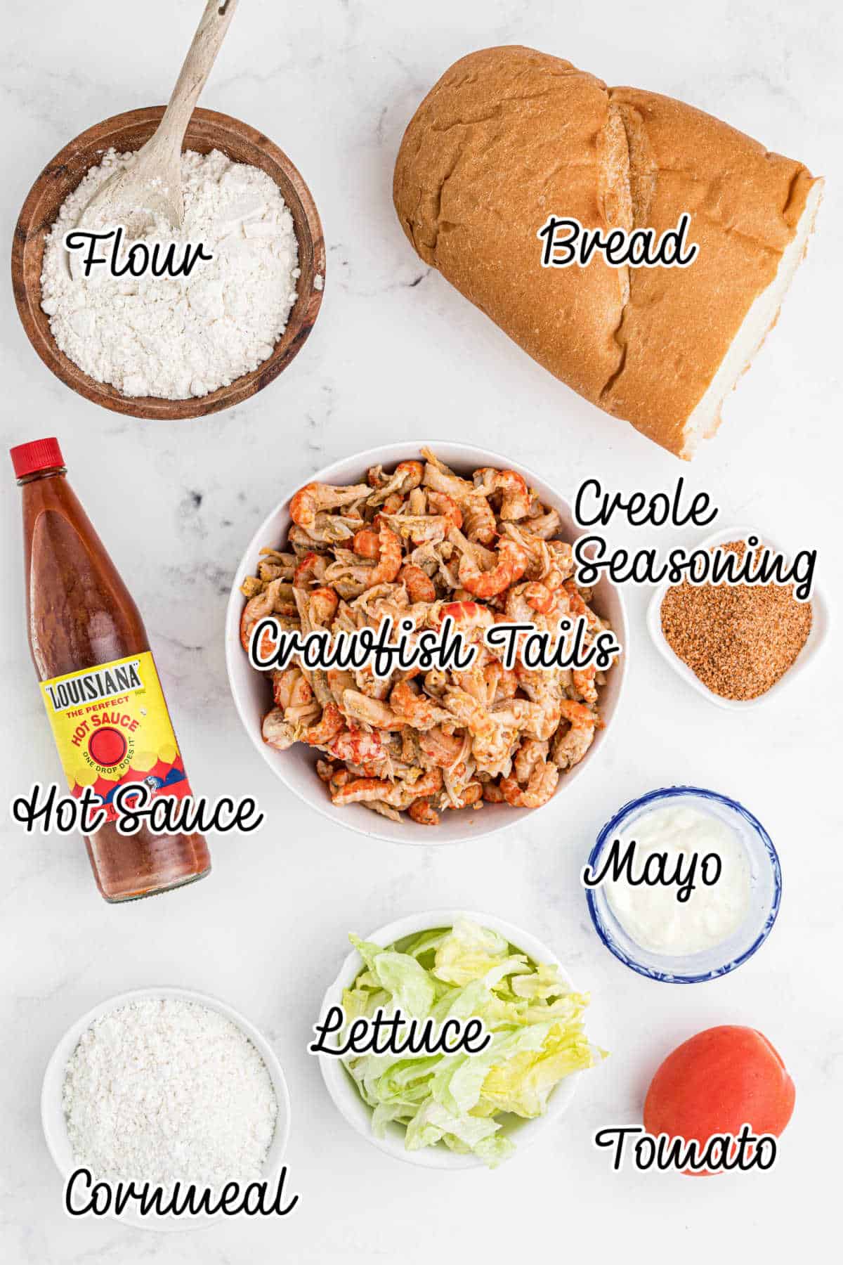 Overhead shot of ingredients needed to make a fried crawfish poboy.