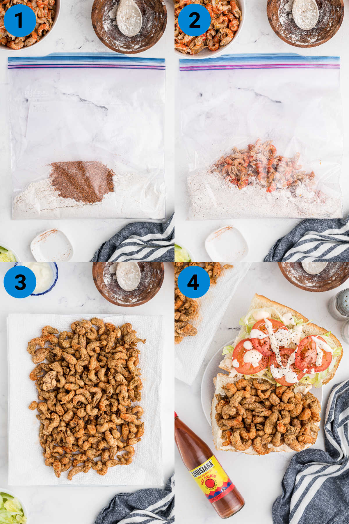 A collage of four images showing how to make a fried crawfish poboy.