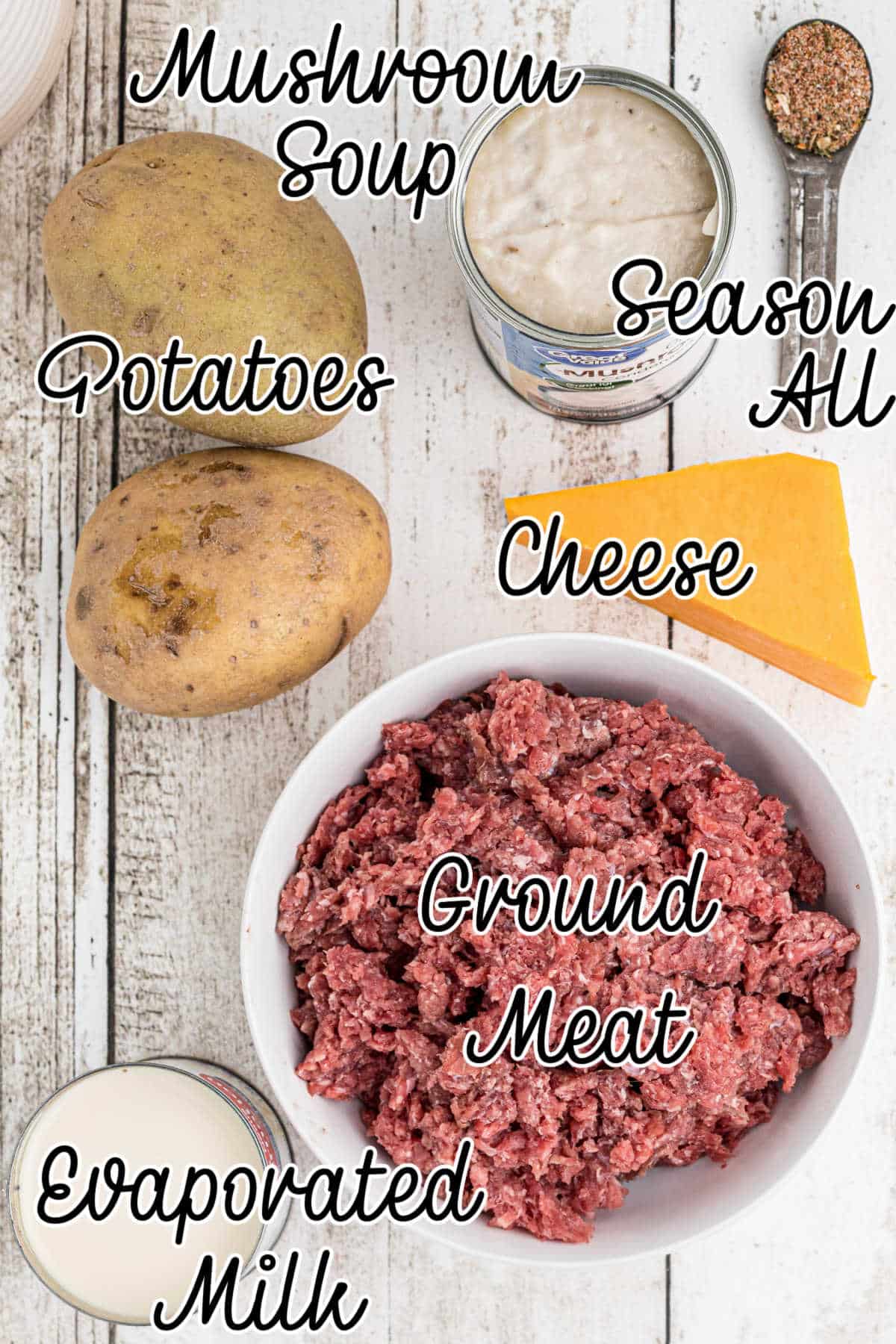 Overhead image of ingredients needed to make a hamburger potato casserole.