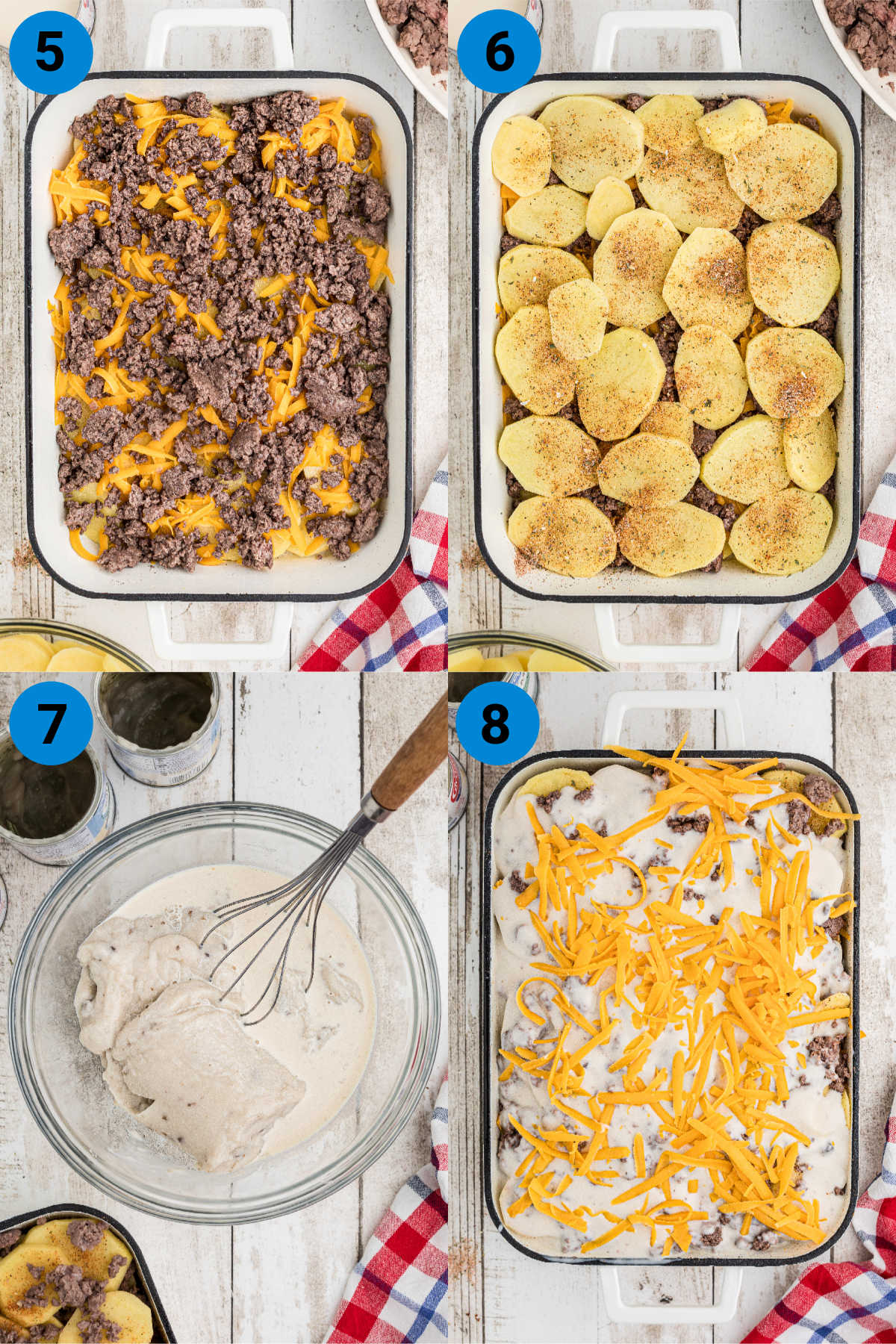 A collage of four images showing how to make a hamburger potato casserole in steps 5 through 8.