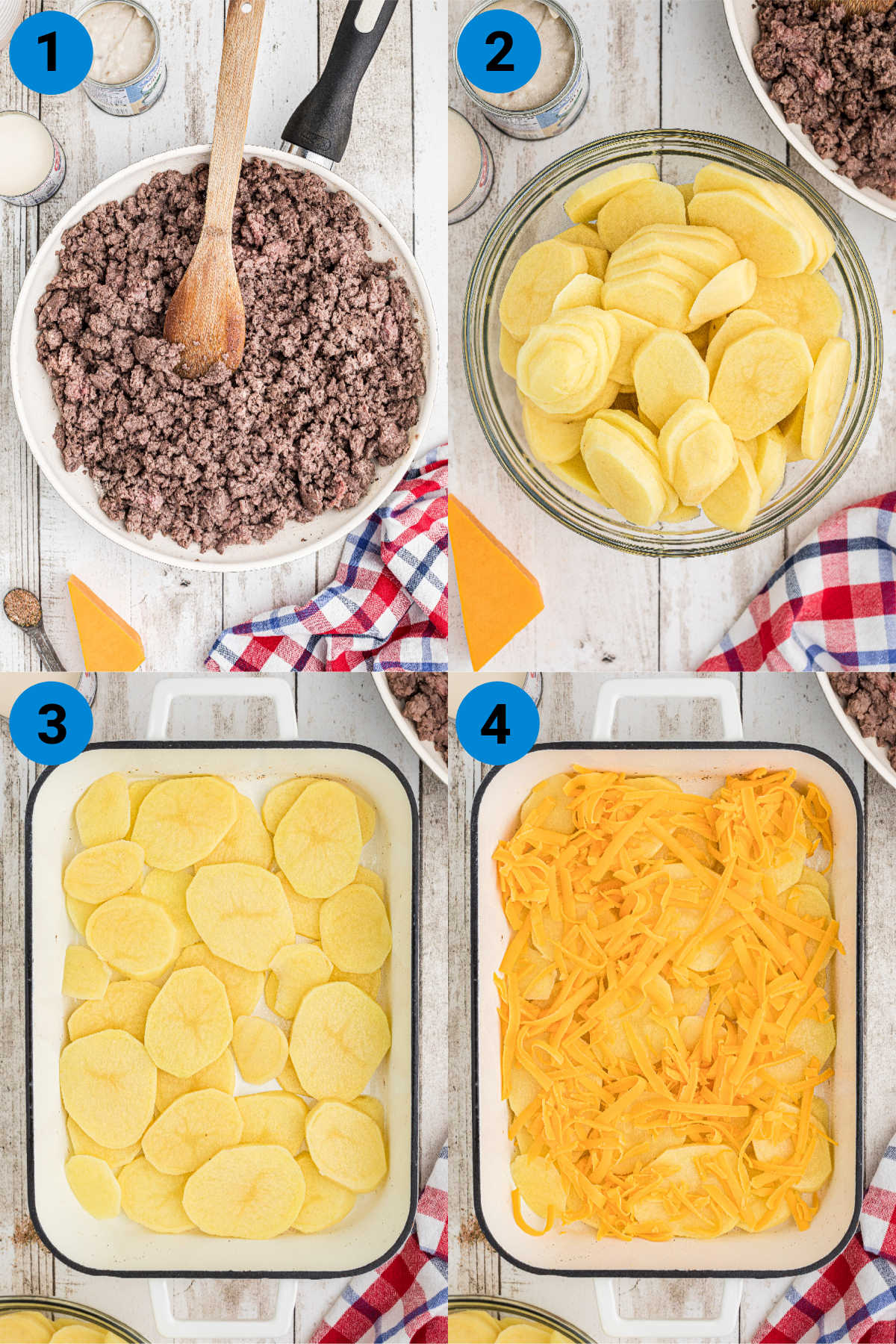 A collage of four images showing how to make a hamburger potato casserole in steps 1-4.