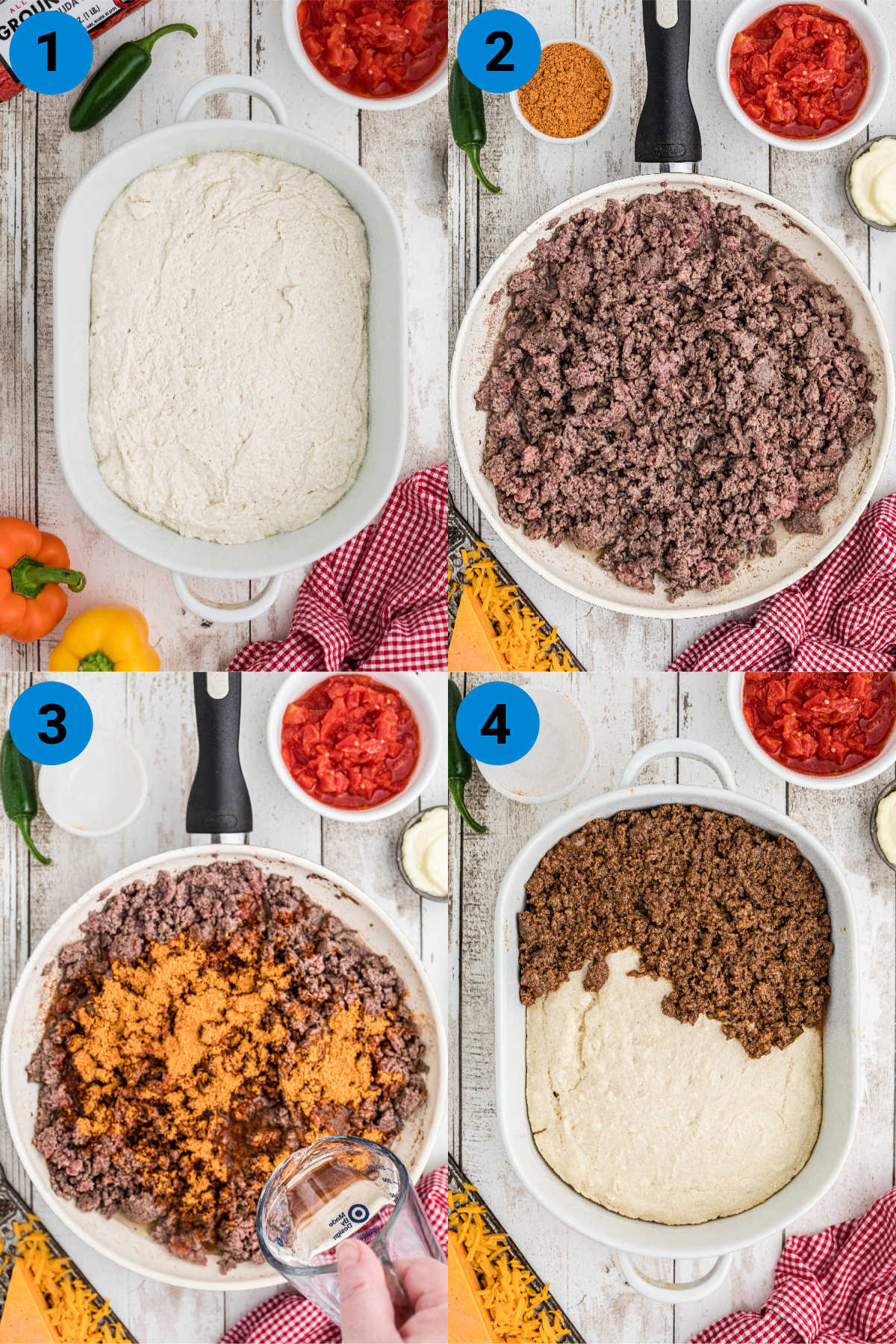 A collage of four images showing how to make a John Wayne Casserole, steps 1 through 4.