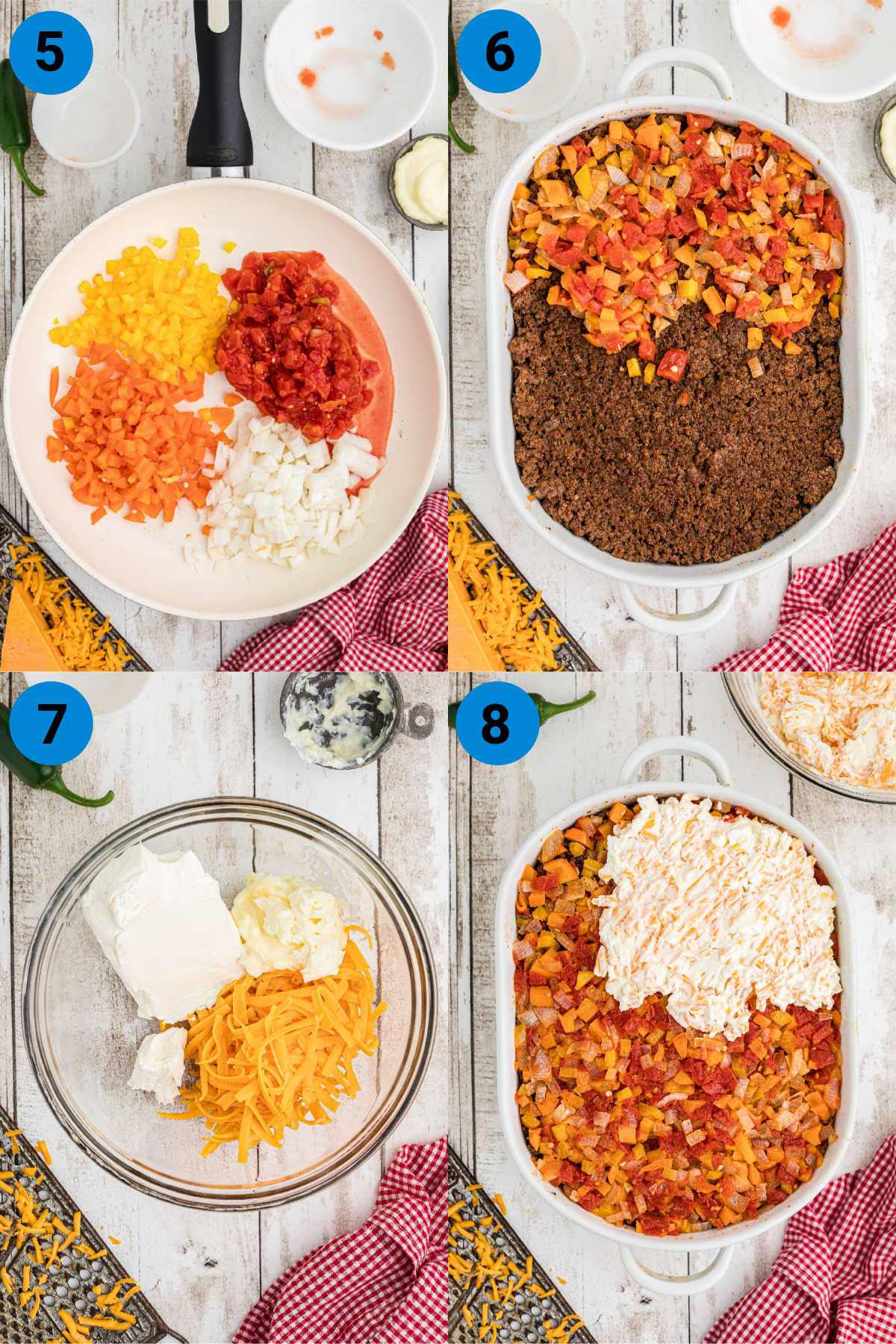 A collage of four images showing how to make a John Wayne Casserole with Bisquick recipe, steps 5-8.