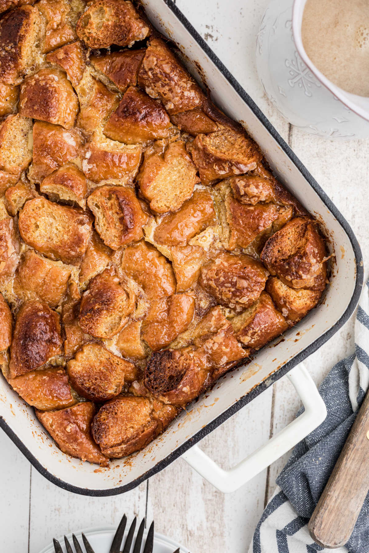 An overhead shot of a pan full of bread pudding.