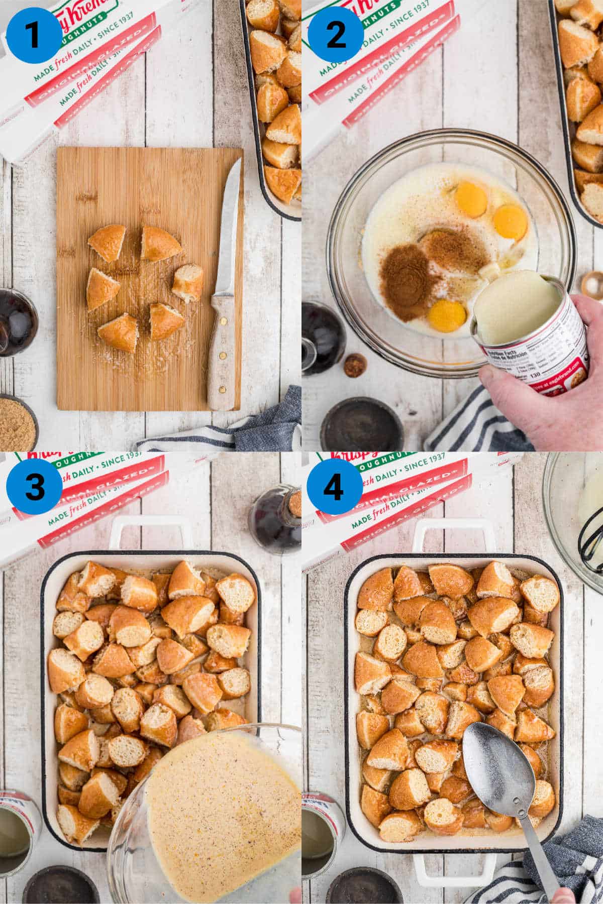 A collage of four images showing how to make bread pudding out of krispy kreme doughnuts.