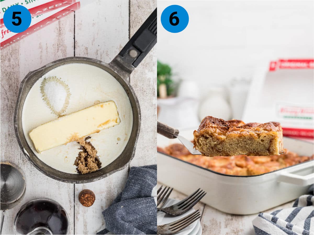 A collage of two images showing how to make bread pudding from krispy kreme doughnuts.