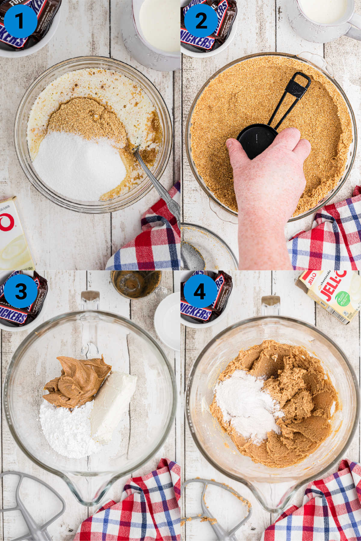 A collage of four images showing how to make a snickers bar pie.