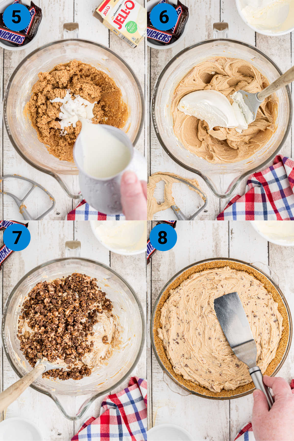 A collage of four images showing how to make a no bake snickers pie.
