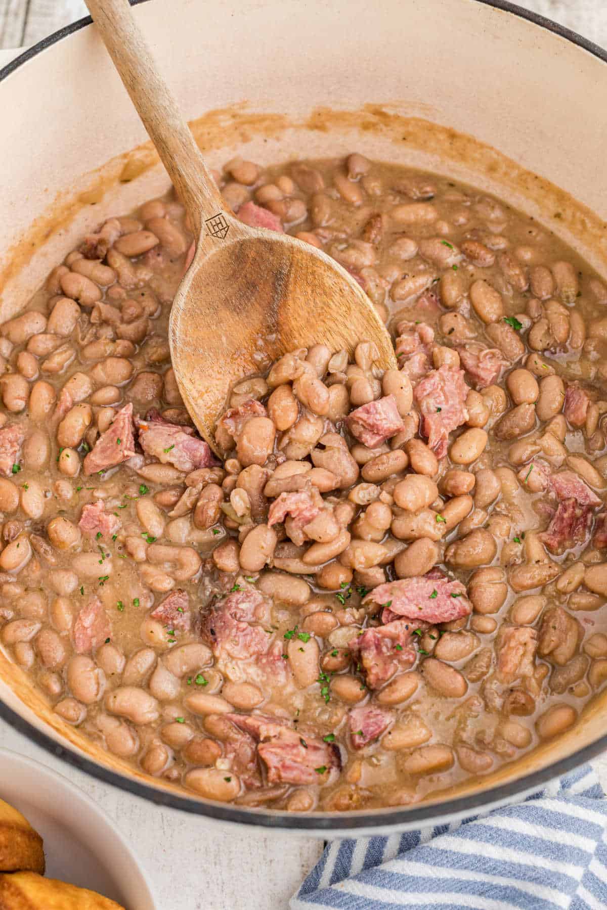 Close up of a pot of pinto beans.