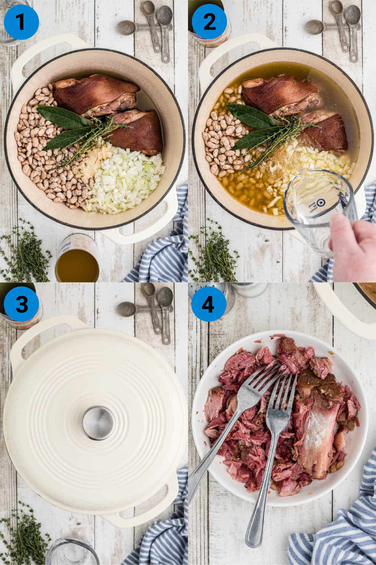 A collage of four images showing how to make a pinto beans recipe.