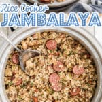 A long image with two pictures of rice cooker jambalaya with some text overlay for pinterest.