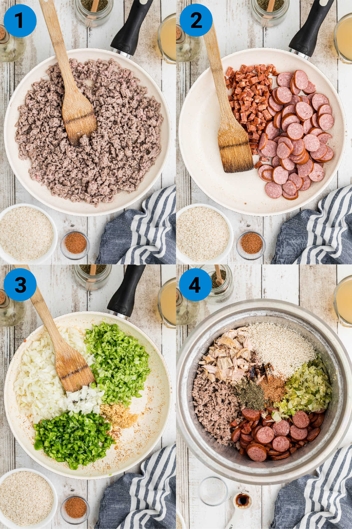 A collage of four images showing how to make a rice cooker jambalaya.