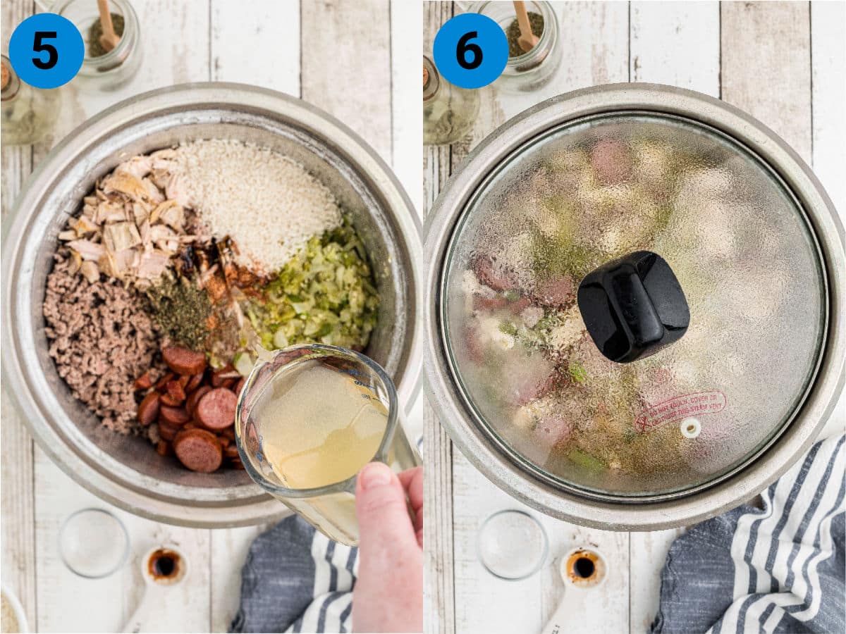 A collage of two images showing how to make jambalaya in a rice cooker.
