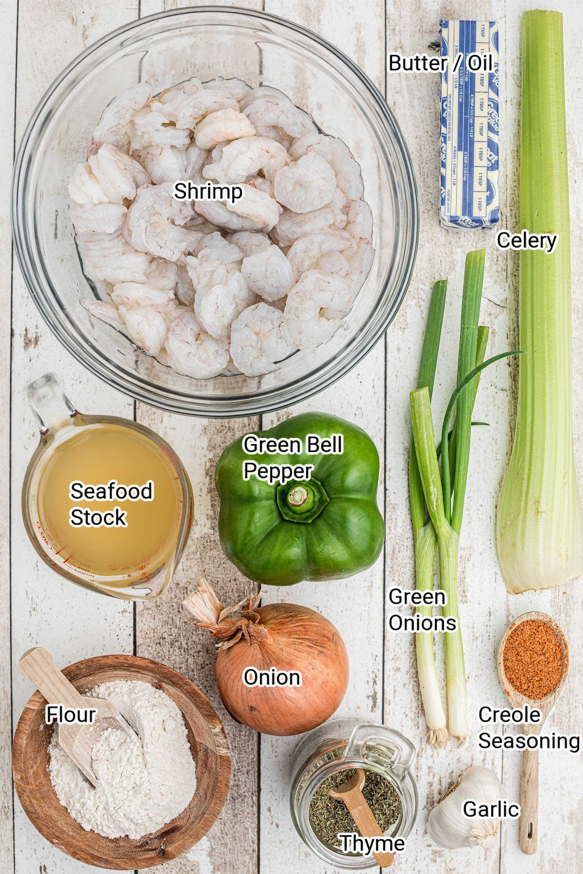 Ingredients needed to make shrimp etouffee.