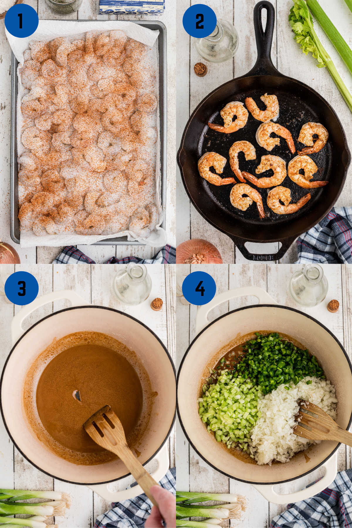 A collage of four images showing how to make shrimp etouffee, steps 1 to 4.