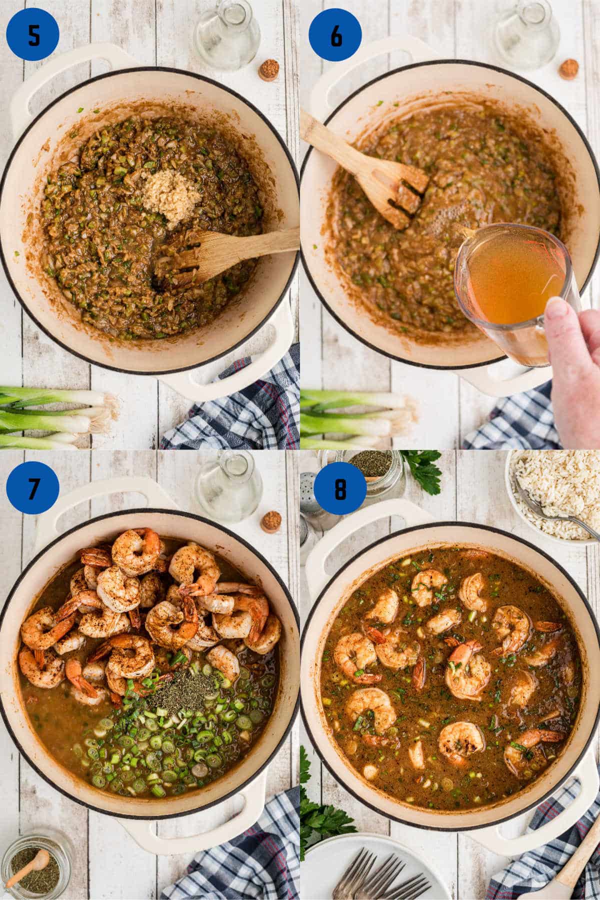 A collage of four images showing how to make shrimp etouffee, steps 5 through 8.