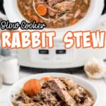 Two images showing slow cooker rabbit stew with text overlay for pinterest.