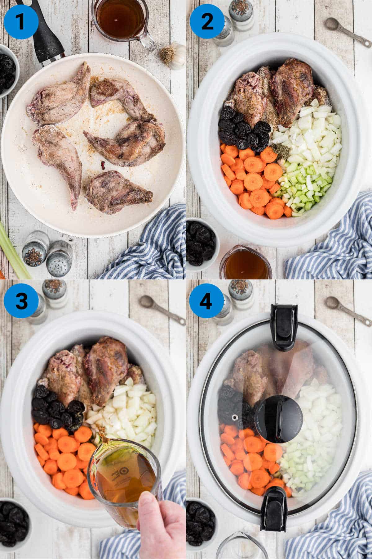 A collage of four images showing how to make a slow cooker rabbit stew.