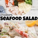 A collage of two images showing a bowl of ingredients making up a southern seafood salad and a completed one. THere's text overlay for pinterest.
