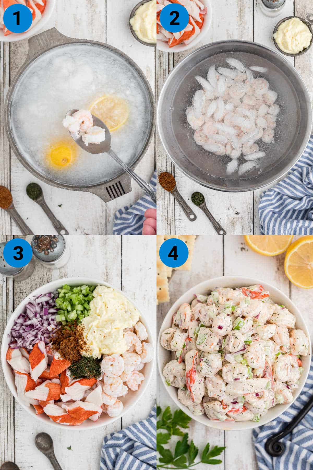 A collage of four images showing how to make a southern seafood salad.