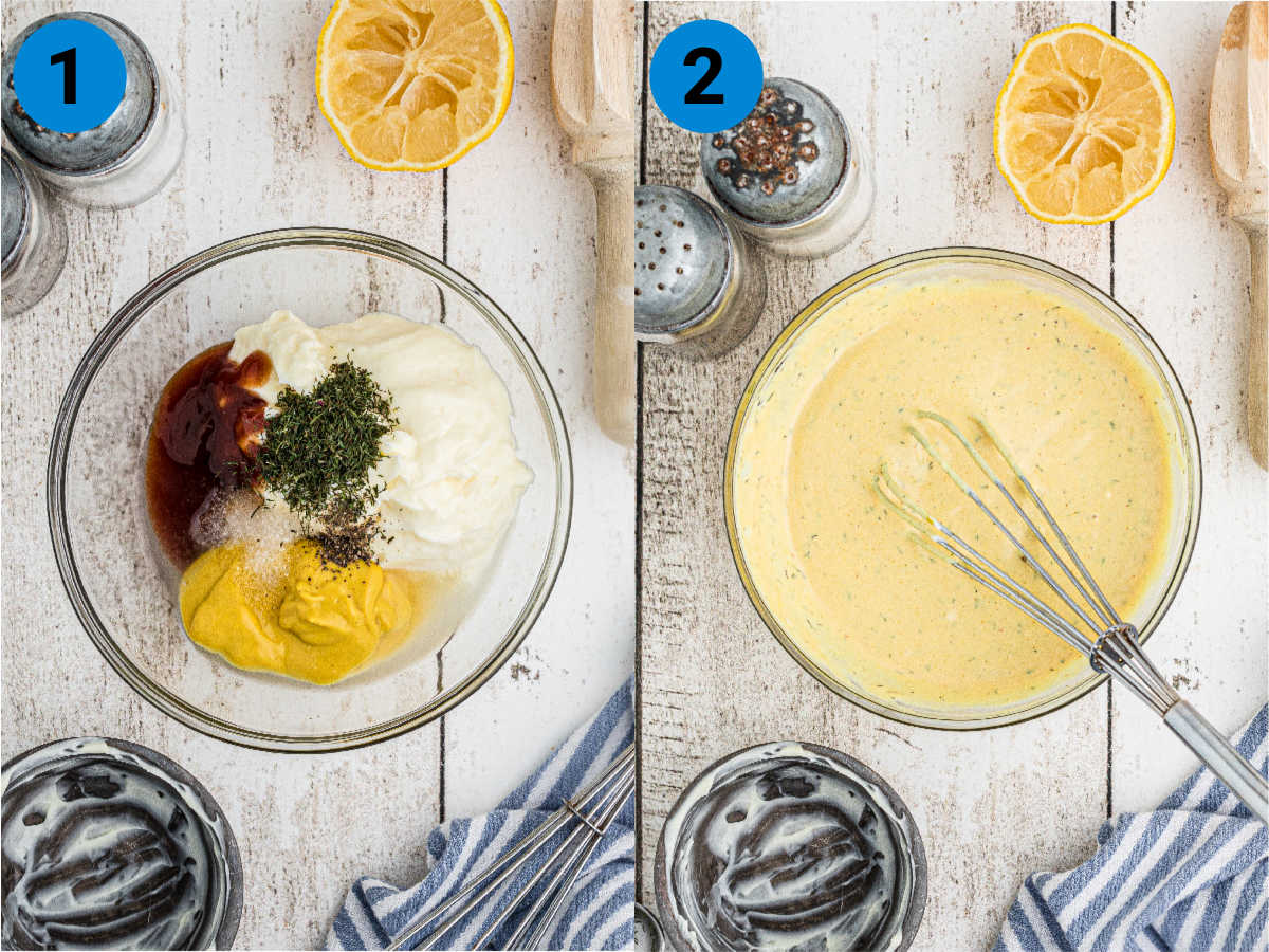 Collage of two images showing how to make mcdonalds breakfast sauce recipe.