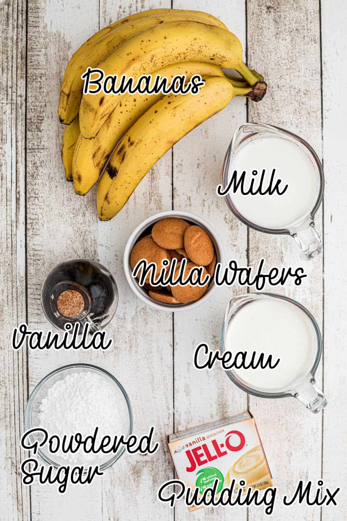 Ingredients needed to make banana pudding cups, with text overlay.