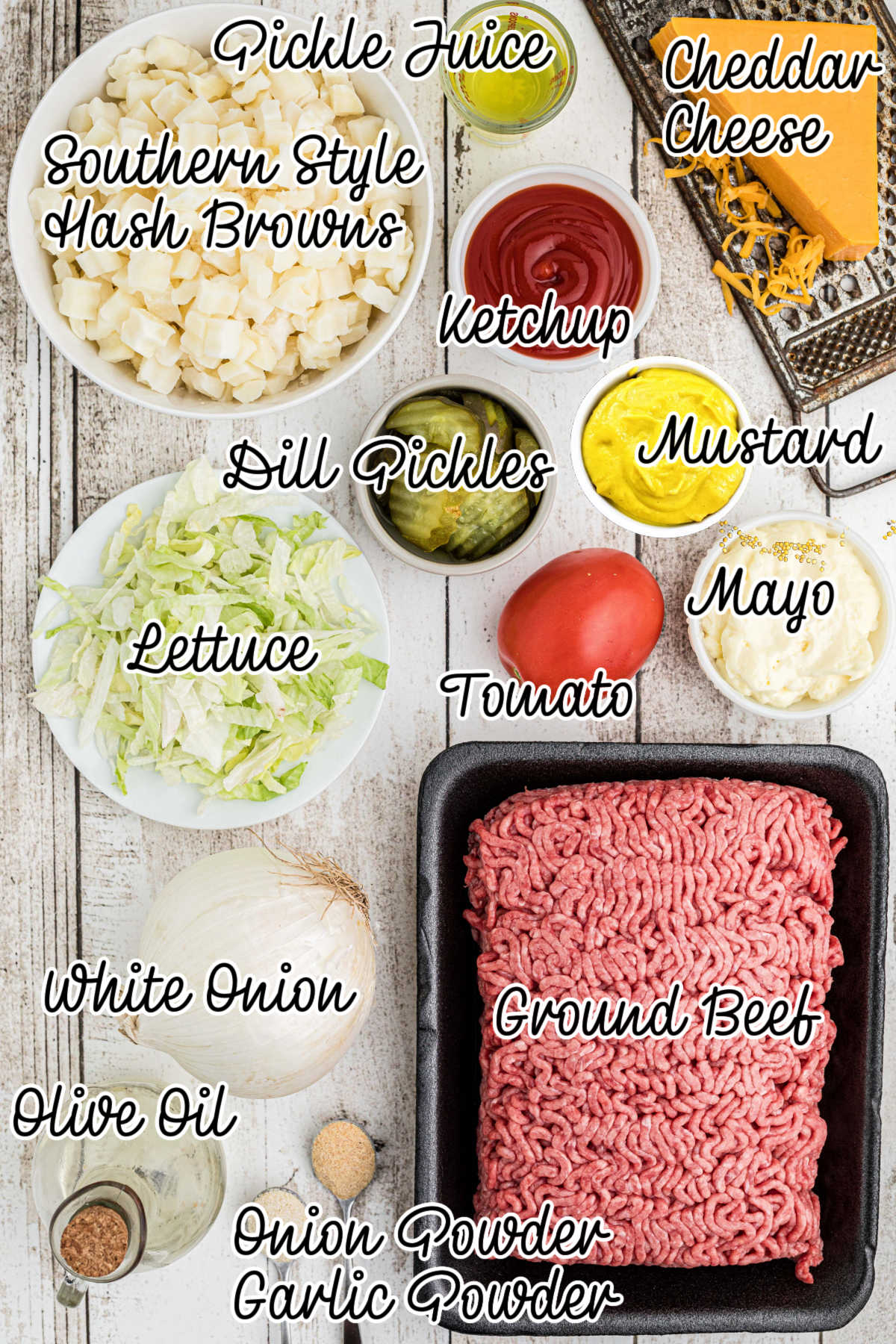 Overhead shot of ingredients needed to make a big mac casserole.