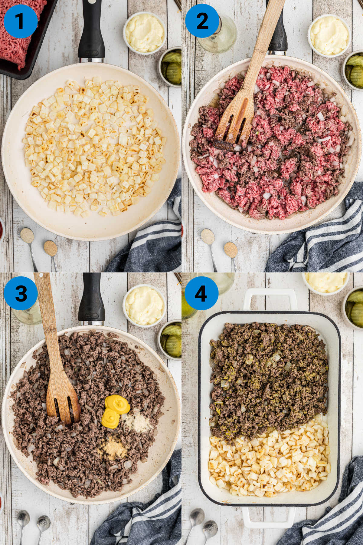 A collage of four images showing how to make a big mac casserole.
