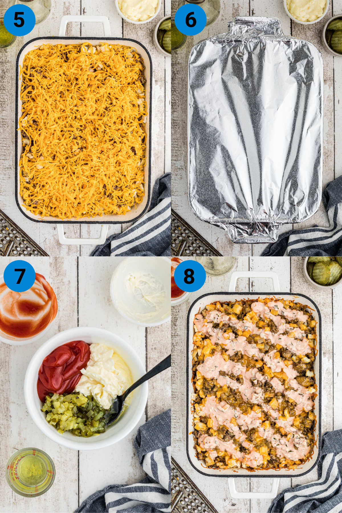 A collage of four images (steps 5-8) showing how to make a big mac casserole.