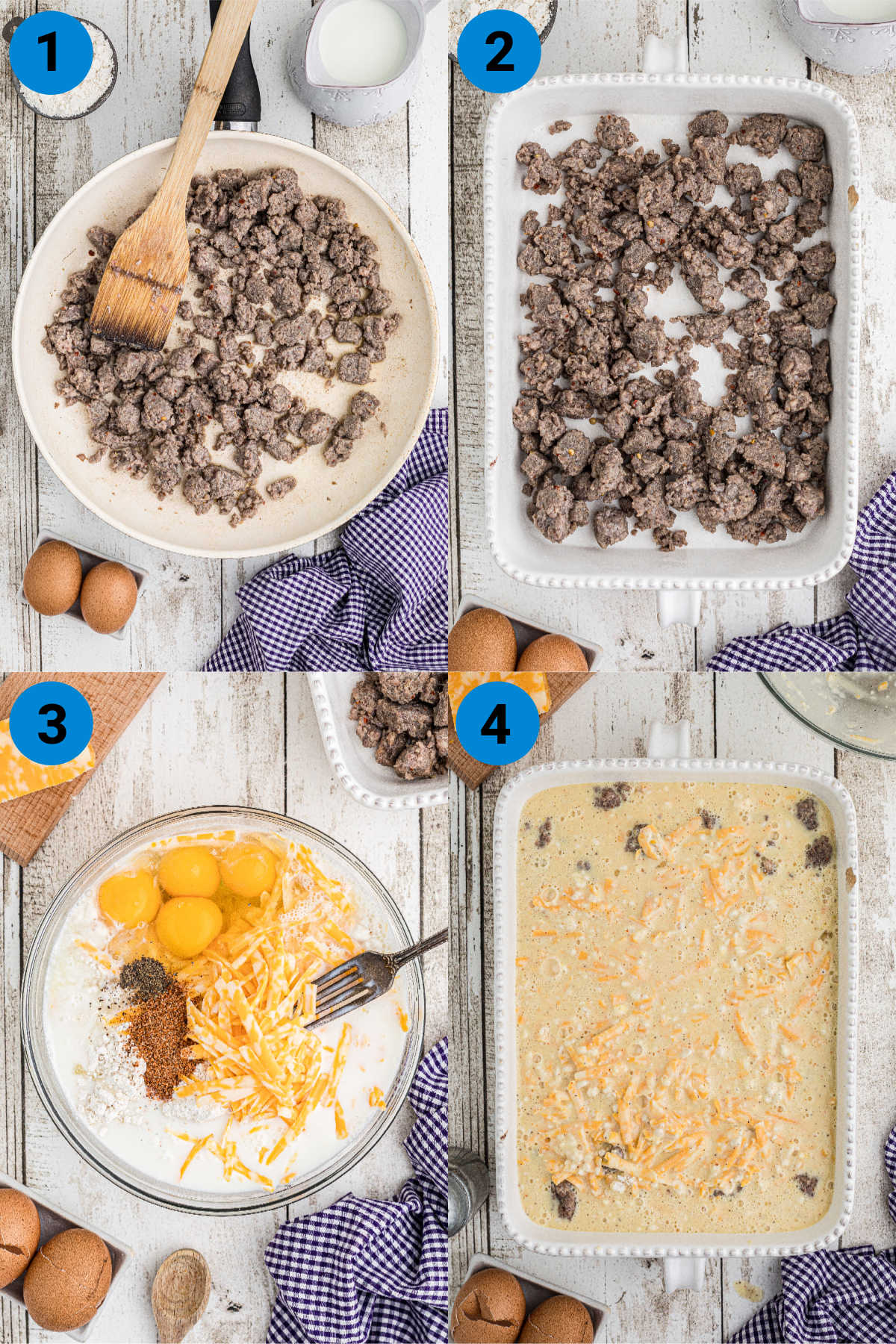 A collage of four images showing how to make a bisquick breakfast casserole.