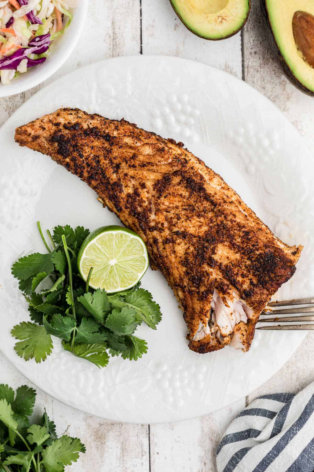 A big piece of blackened redfish on a plate.