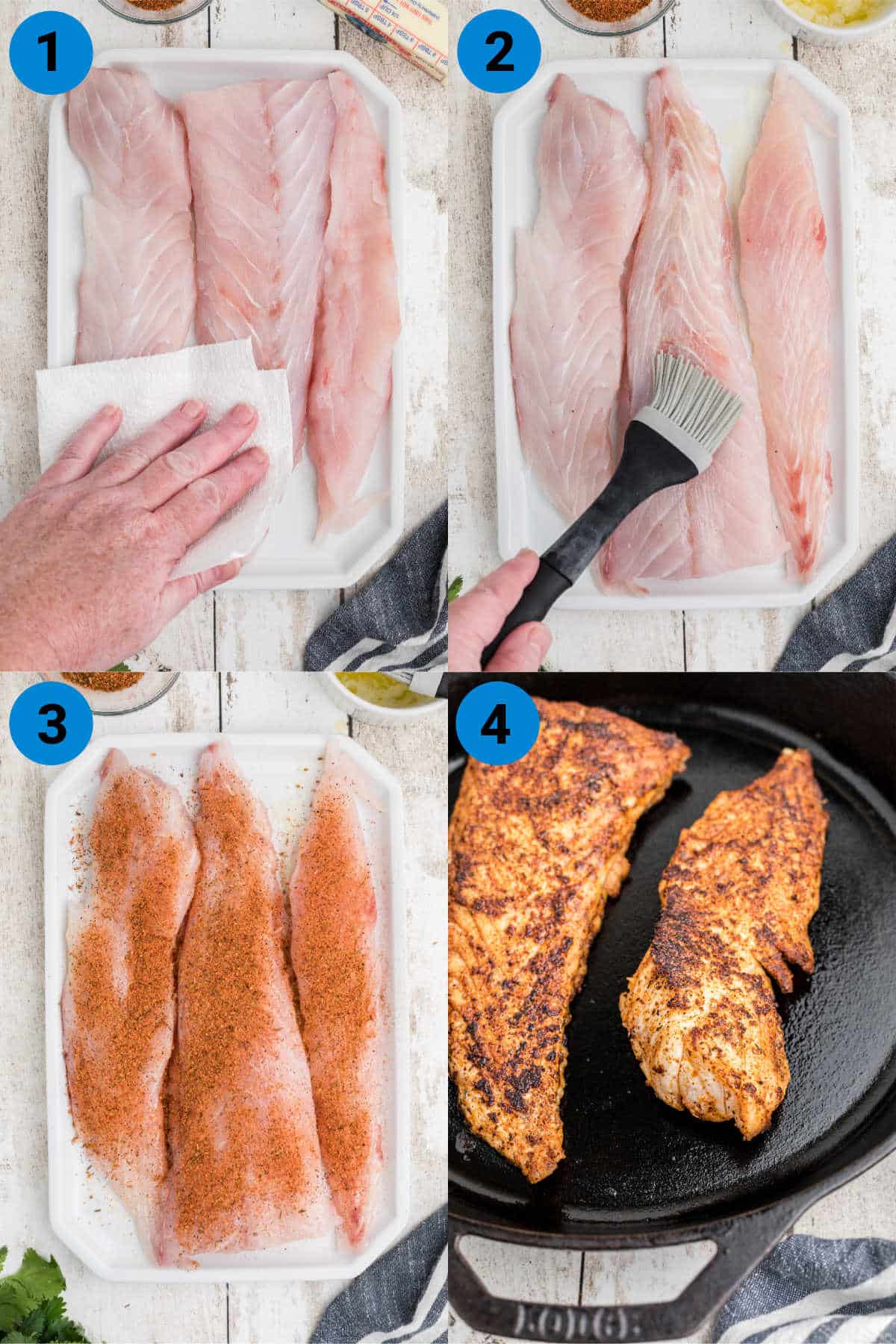 A collage of four images showing blackened redfish and how to make it.