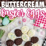 Long image with two pictures of buttercream easter eggs, with text overlay for pinterest.