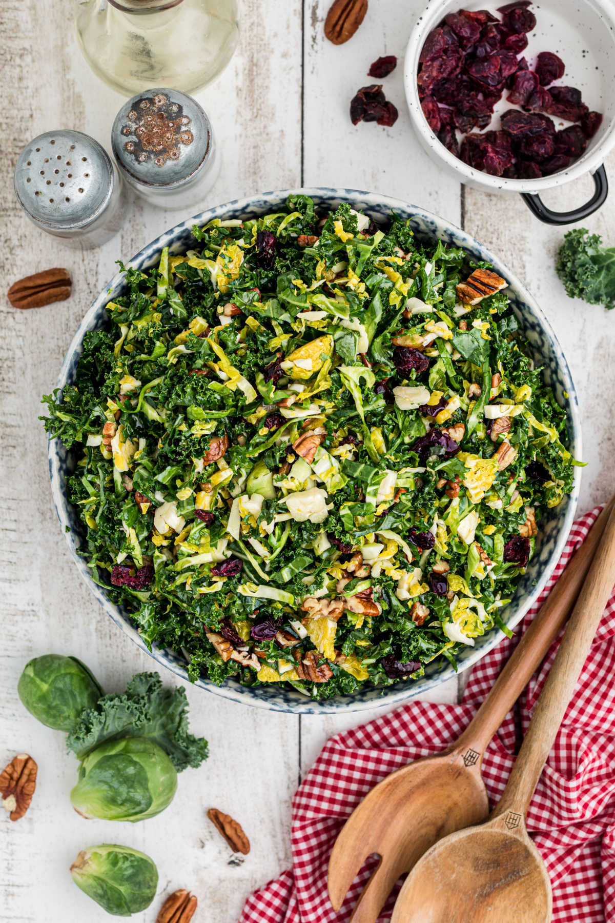 Overhead shot of a bowl of cracker barrel kale and sprout salad.
