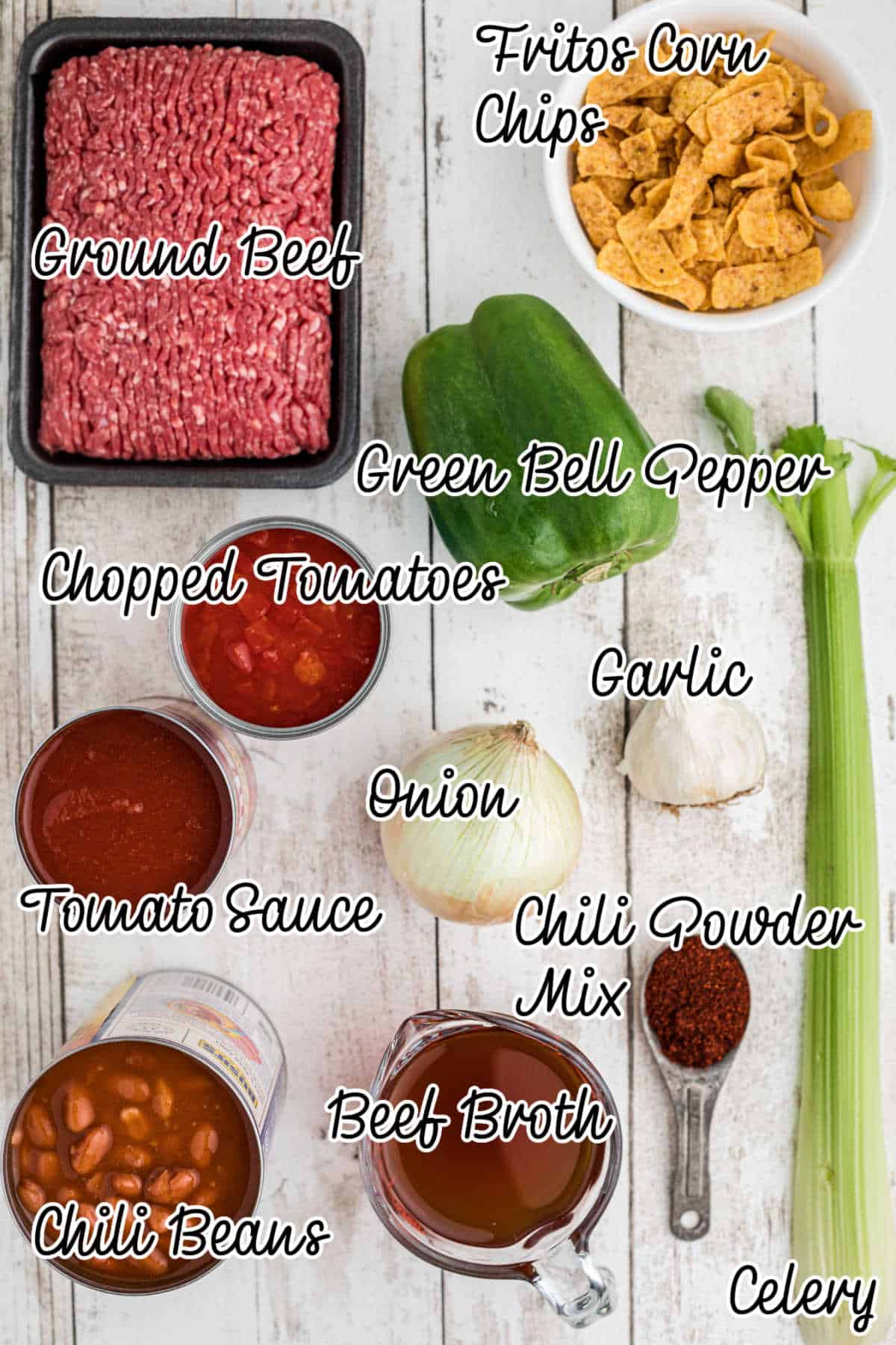 Ingredients laid out what is needed to make a crockpot frito pie.