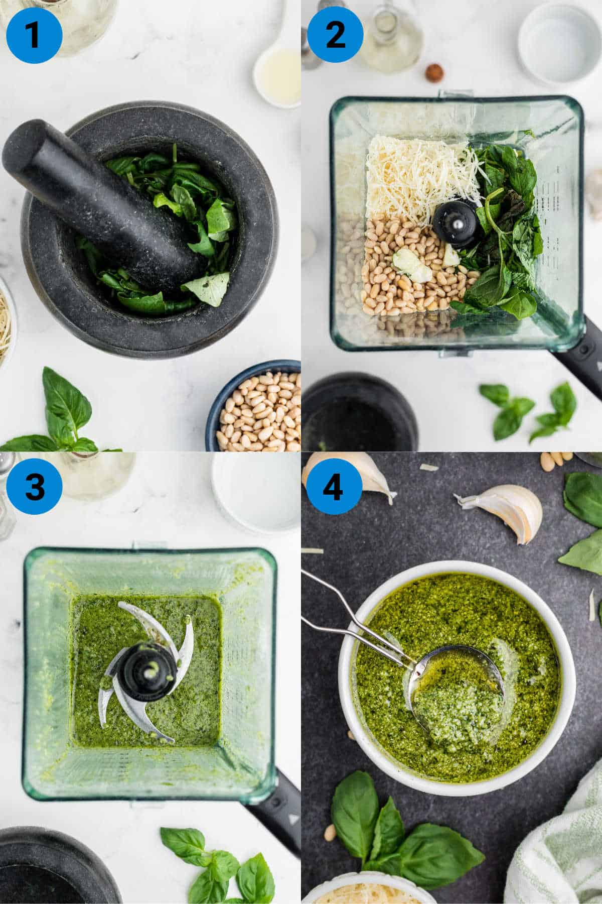 A collage of four images showing how to make pesto dressing.