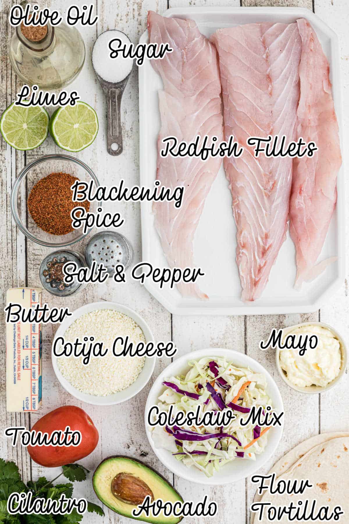 Ingredients needed to make redfish tacos.