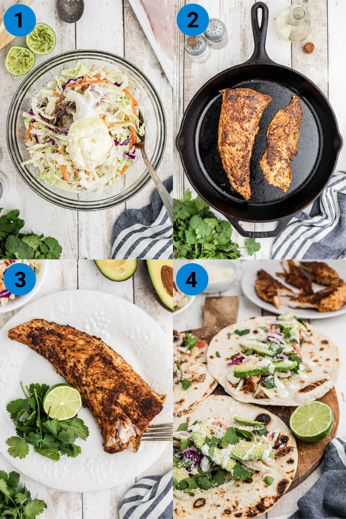 Collage of four images showing how to make redfish tacos.