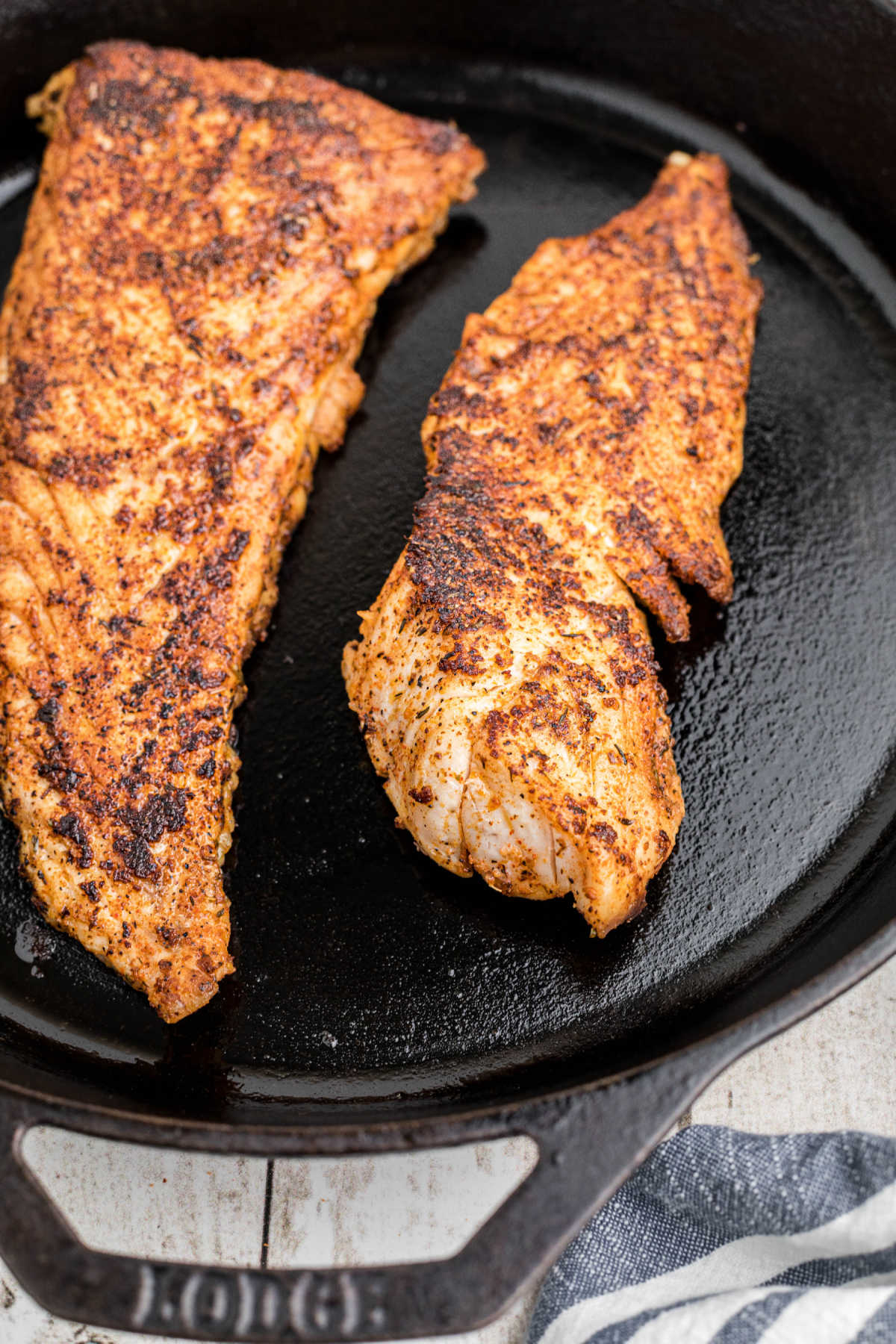 Fillets of redfish, nice and blackened, in an iron skillet.