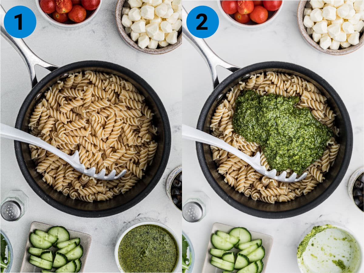Two images showing how to make a pesto pasta salad.
