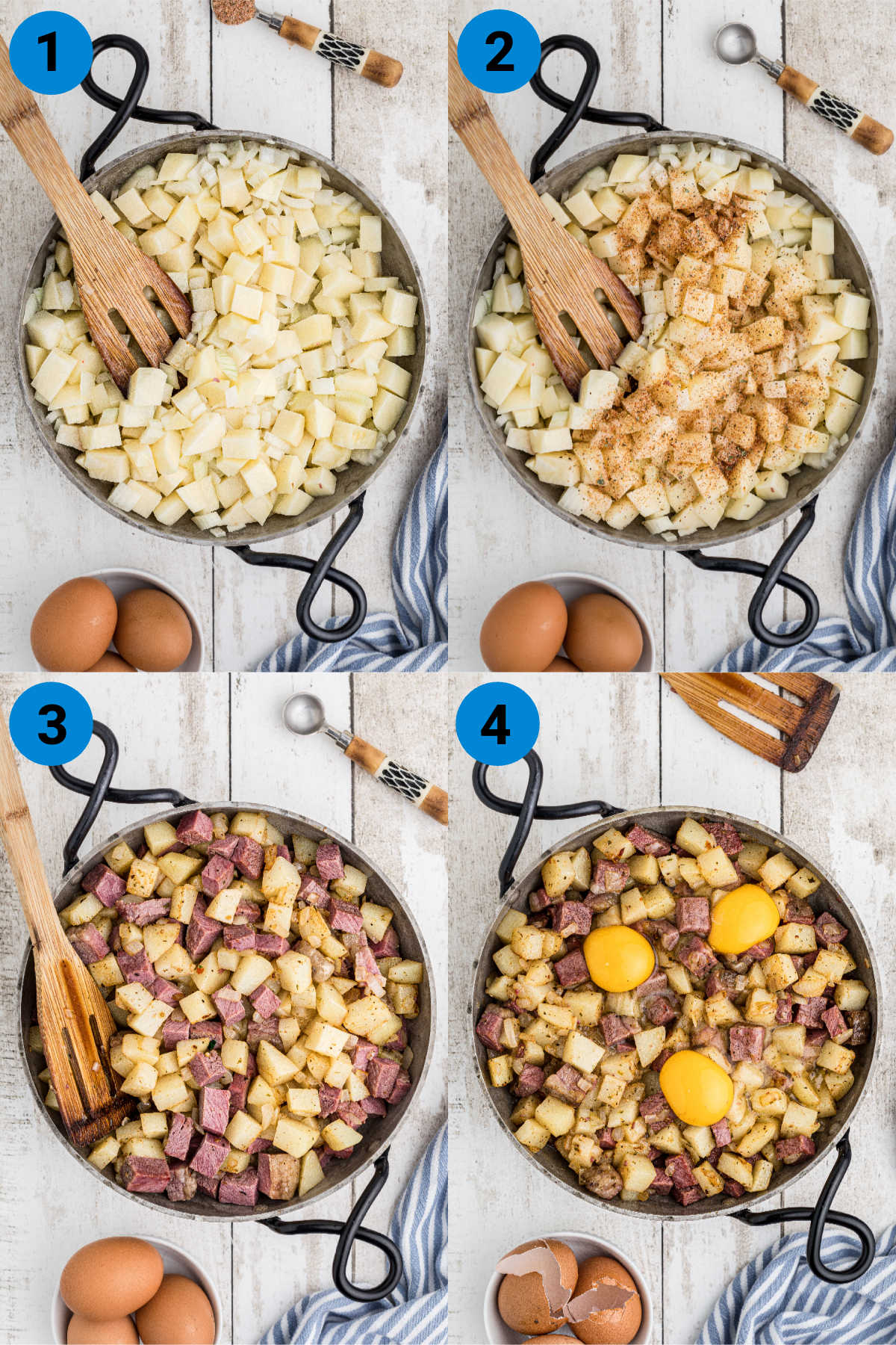 A collage of four images showing how to make a traditional Irish corned beef hash.