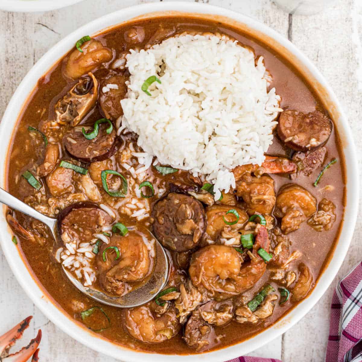 A bowl of gumbo, showing What To Serve With Seafood Gumbo.