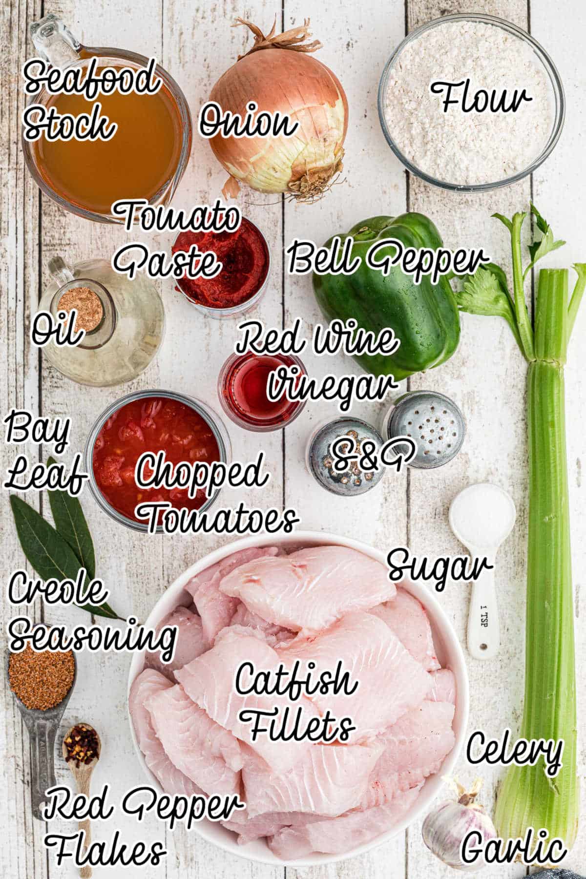 Ingredients needed to go into a catfish courtbouillon with text overlay.