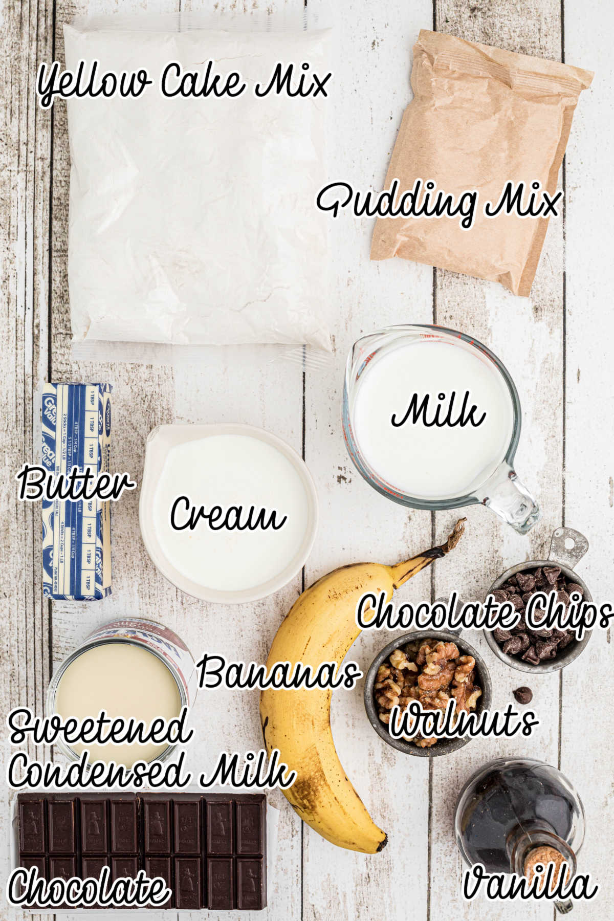 Ingredients needed to make a banana dream cake with text overlay.