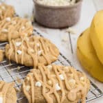 A large image of a cooling rack with bananas foster cookies with text overlay for pinterest.