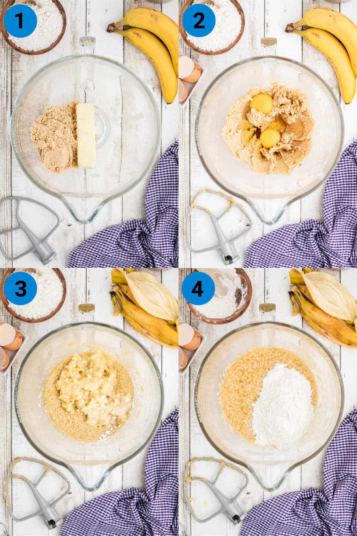 A collage of four images showing how to make bananas foster cookies, recipe steps 1-4.