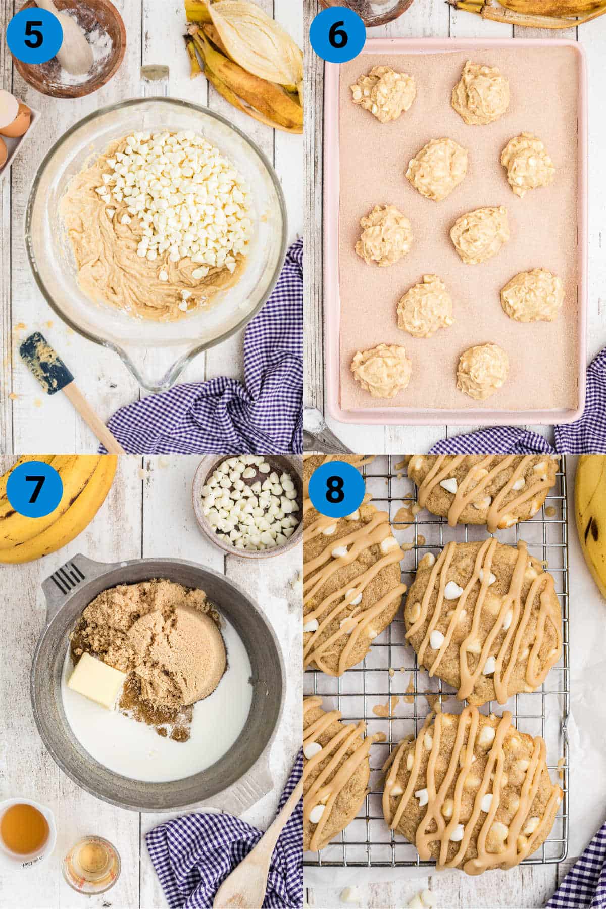 A collage of four images showing how to make bananas foster cookies.