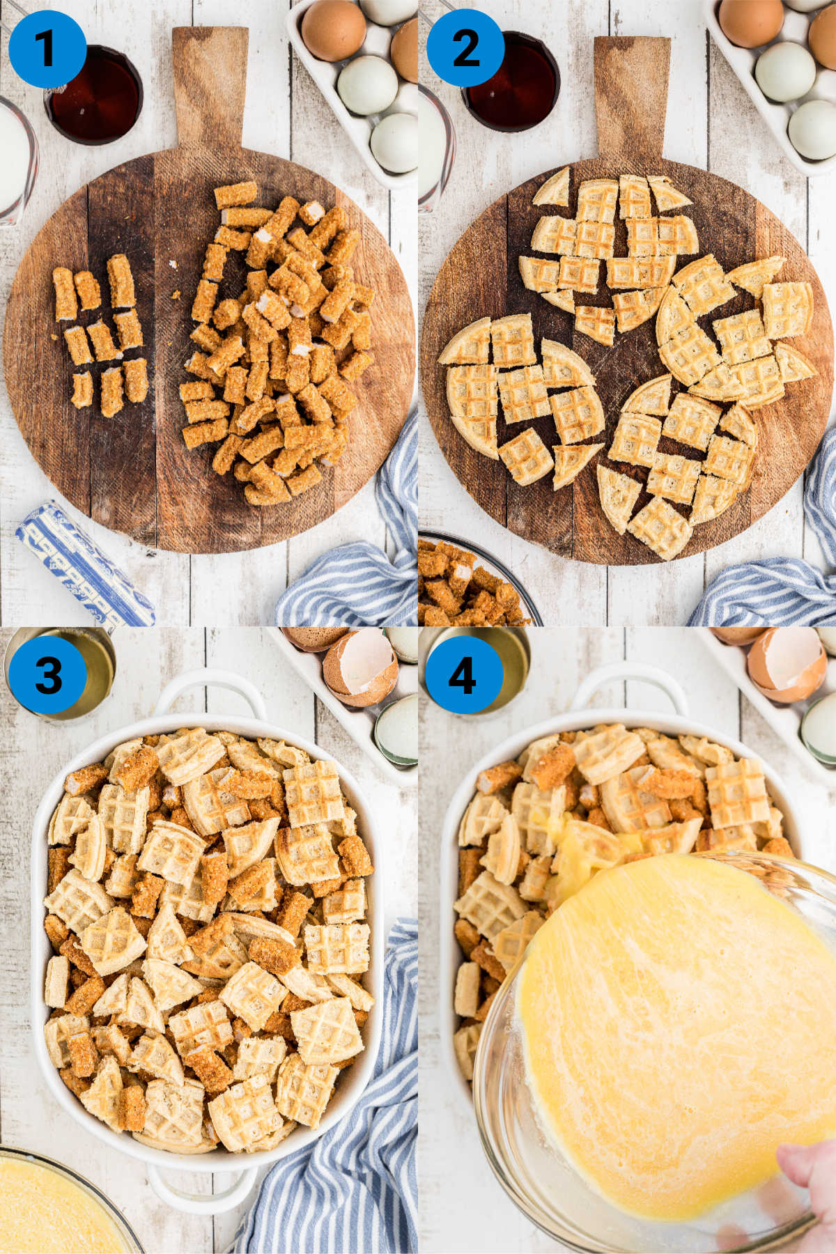 A collage of four images showing how to make a chicken and waffle casserole recipe.