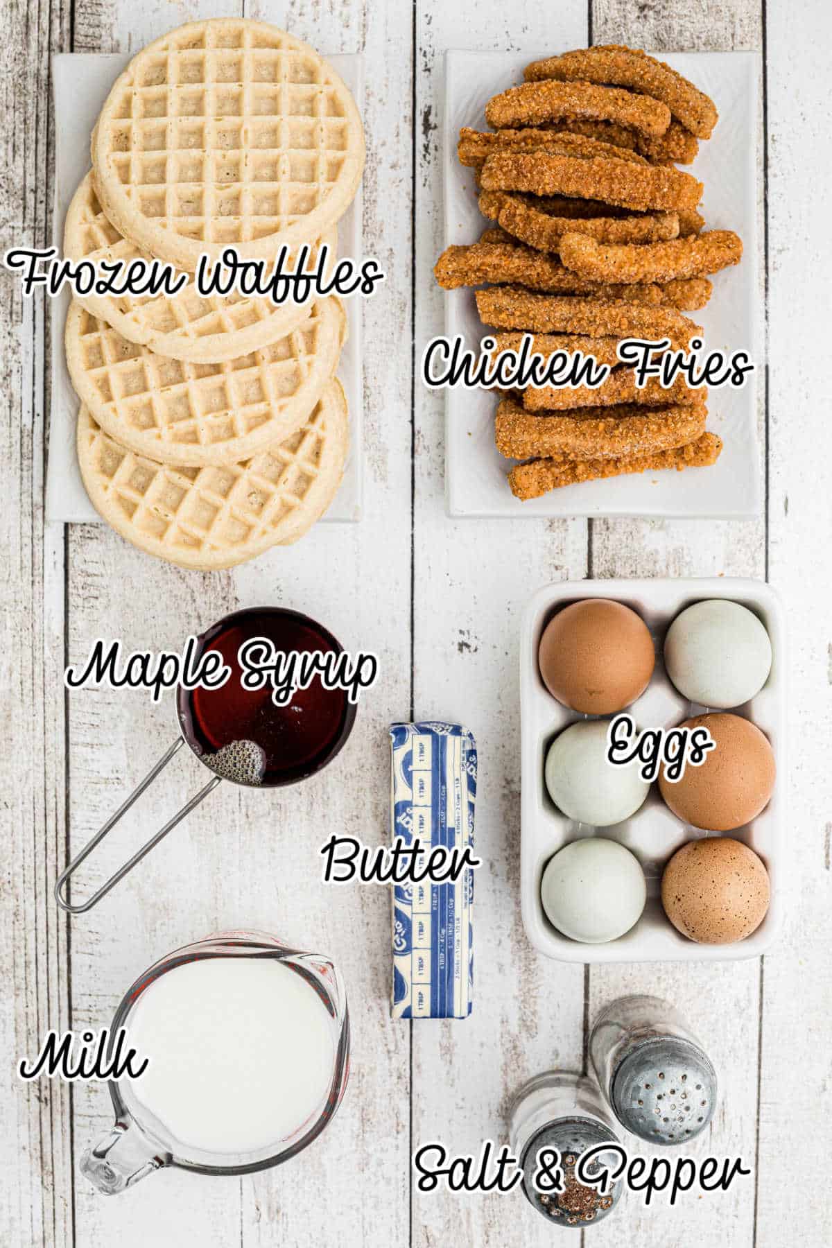 Ingredients needed to make a chicken and waffle casserole recipe with text overlay.
