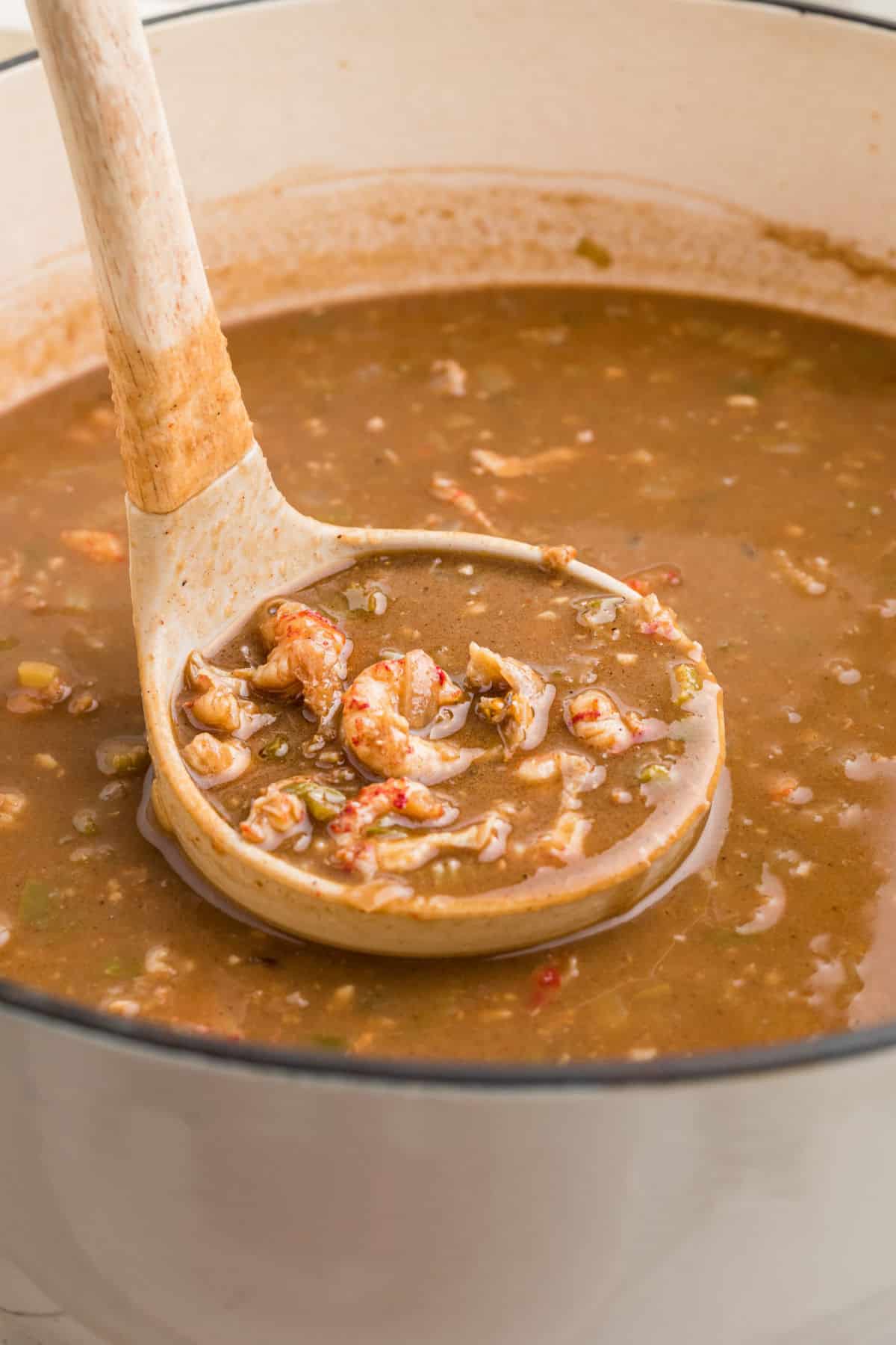 A pot full of crawfish stew with a ladle scooping some out.